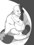  2022 anthro asian_clothing belly big_belly canid canine clothing east_asian_clothing facial_hair hi_res human humanoid_hands hysk japanese_clothing kemono male mammal mature_male mid_transformation mustache overweight overweight_male raccoon_dog sitting solo tanuki 