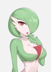  1girl absurdres bangs bob_cut breasts collarbone colored_skin commentary gardevoir green_hair green_skin grey_background half-closed_eyes hand_to_own_mouth hand_up highres liu_han looking_up medium_breasts multicolored_skin open_mouth pokemon pokemon_(creature) red_eyes shiny shiny_hair shiny_skin short_hair simple_background solo tongue tongue_out two-tone_skin upper_body white_skin 