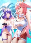  2girls absurdres animal_ears bangs bikini braid breasts cleavage clothing_cutout covered_navel eyewear_on_head flower fox_ears genshin_impact hair_between_eyes hair_ornament highres holding ichibi large_breasts long_hair mole mole_under_eye multiple_girls navel open_mouth pink_hair purple_eyes purple_flower purple_hair raiden_shogun sash smile swimsuit yae_miko 