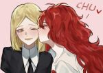  2others ^_^ androgynous bangs black_shirt blonde_hair blush closed_eyes collared_shirt funa12k half-closed_eye heart houseki_no_kuni kiss kissing_cheek long_hair looking_at_another multiple_others necktie one_eye_closed open_clothes open_mouth open_shirt other_focus padparadscha_(houseki_no_kuni) parted_bangs puffy_sleeves red_hair shirt short_hair smile sound_effects tareme very_long_hair wavy_hair white_shirt yellow_diamond_(houseki_no_kuni) yellow_eyes 