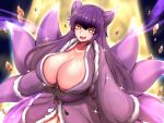  1girl :3 :d animal_ears breasts cleavage collarbone commission daji_(mon-musu_quest!) fox_ears fox_girl fox_tail highres huge_breasts long_sleeves looking_at_viewer mon-musu_quest! mon-musu_quest:_paradox multiple_tails open_mouth purple_hair raichi_(ddq0246) rock skeb_commission smile solo tail yellow_eyes 