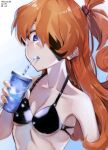  1girl 2022 bendy_straw bikini bikini_top_only blue_eyes bodysuit breasts brown_hair cleavage dated drinking drinking_straw evangelion:_3.0+1.0_thrice_upon_a_time eyepatch hair_bobbles hair_ornament highres long_hair looking_at_viewer neon_genesis_evangelion rebuild_of_evangelion shiny shiny_hair shiny_skin short_ponytail solo souryuu_asuka_langley swimsuit yagisawa_teru 