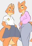  2022 absurd_res anthro badge bottomwear canid canine cartoon_network clothed clothing cosplay diane_foxington digital_media_(artwork) dreamworks english_text eyebrow_piercing facial_piercing female fox fur green_eyes hi_res inner_ear_fluff mammal orange_body orange_fur piercing pink_nose shirt simple_background skirt solo style_parody text the_amazing_world_of_gumball the_bad_guys toonarscontent topwear tuft 