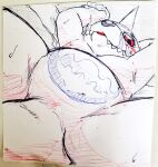  animal_skin anthro bandai_namco belly digimon digimon_(species) featureless_crotch fur gabumon horn looking_at_viewer lying male on_back red_eyes slightly_chubby solo striped_body striped_fur stripes tabasukotrr traditional_media_(artwork) 