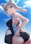  1girl absurdres animal_ear_fluff animal_ears ass back backless_swimsuit bag bangs bare_arms blue_archive blue_sky blush breasts bright_pupils cloud cloudy_sky competition_swimsuit covered_nipples cross_hair_ornament extra_ears grey_hair hair_ornament halo highres kagamimochi_(hayamichi1117) large_breasts looking_afar medium_hair mismatched_pupils one-piece_swimsuit open_mouth ponytail shiroko_(blue_archive) shiroko_(swimsuit)_(blue_archive) shoulder_bag sideboob sky solo swimsuit turning_around two-tone_swimsuit wet white_pupils 