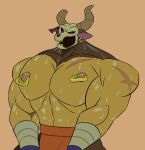  absurd_res anthro blush bodily_fluids bone bottomwear breasts clothing gloves handwear hi_res horn levionb123 male minotaur_(the_legend_of_pipi) muscular muscular_anthro muscular_male piercing ring ring_piercing scar skeleton solo sweat sweatdrop the_legend_of_pipi 