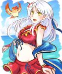  1girl :d bangs bare_shoulders bikini bikini_skirt bird border breasts cleavage fingerless_gloves fire_emblem fire_emblem:_radiant_dawn fire_emblem_heroes gloves grey_hair hair_ribbon large_breasts long_hair micaiah_(fire_emblem) navel official_alternate_costume open_mouth red_bikini red_gloves red_swimsuit ribbon smile solo swimsuit twitter_username upper_body vulpes_pitti white_border yellow_eyes yune_(fire_emblem) 