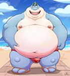  2022 anthro beach belly big_belly bulge clothing cloud detailed_background dreamworks fish footwear hi_res male marine moobs mr._shark_(the_bad_guys) navel nipples obese obese_male outside overweight overweight_male sandals seaside shark solo stompsthecroc swimwear the_bad_guys water 