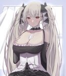 1girl azur_lane bare_shoulders between_breasts black_dress black_ribbon breasts cleavage clothing_cutout detached_collar dress formidable_(azur_lane) frilled_dress frills grey_hair hair_ribbon hands_on_own_chest highres large_breasts light_smile long_hair looking_at_viewer necktie necktie_between_breasts red_eyes ref_(pmxt4483) ribbon shoulder_cutout solo twintails two-tone_dress two-tone_ribbon very_long_hair white_ribbon 