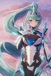  1girl absurdres bangs breasts chest_jewel doiparuni earrings gem gloves greek_text green_eyes green_hair headpiece highres jewelry large_breasts long_hair neon_trim pneuma_(xenoblade) ponytail solo swept_bangs tiara very_long_hair xenoblade_chronicles_(series) xenoblade_chronicles_2 