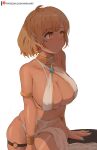  1girl armlet bangs bare_shoulders blonde_hair blue_nails breasts earrings jewelry large_breasts mirai_hikari nail_polish orange_eyes original parted_lips pointy_ears short_hair sideboob smile solo thigh_strap thighs white_background 