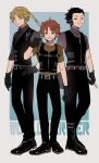  3boys aoi_(yooo009) bangs belt black_footwear black_hair black_pants black_vest blonde_hair blue_background boots brown_hair collared_shirt copyright_name full_body gloves grey_gloves grey_shirt hair_slicked_back half-closed_eyes hand_on_hip hand_up headphones highres holding holding_polearm holding_weapon izumi_kouhei long_sleeves looking_at_viewer male_focus midorikawa_shun multiple_boys necktie pants pocket polearm reverse_grip shirt shoes short_sleeves smirk spear standing tight tight_shirt vest weapon world_trigger yoneya_yousuke zipper 