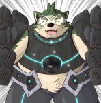  anthro canid canine canis domestic_dog eyebrows fur green_body green_fur l1ymjukhs0hd7zi lifewonders live-a-hero male mammal mecha_fist mokdai smile solo superhero thick_eyebrows video_games visor 