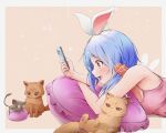  1girl :d absurdres animal_ears bangs bare_arms bare_shoulders blue_hair blush breasts camisole cat cellphone fake_animal_ears frilled_pillow frills from_side highres holding holding_phone hololive long_hair looking_at_animal lying maccaron61 mouse on_stomach phone pillow profile smartphone smile solo thick_eyebrows usada_pekora virtual_youtuber 