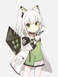  1girl animal_ears arknights brown_collar cat_ears cat_girl collar cowboy_shot criss-cross_halter crystal dress earpiece green_dress green_eyes grey_background grey_hair halterneck hand_up highres holding holding_syringe jacket jewelry kal&#039;tsit_(arknights) long_sleeves looking_at_viewer nano_mochi off-shoulder_dress off-shoulder_jacket off_shoulder open_clothes open_jacket originium_(arknights) oripathy_lesion_(arknights) pocket ring short_hair simple_background solo standing syringe watch white_jacket wristwatch younger 