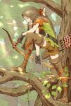  1girl archery arrow_(projectile) bangs belt black_gloves boots bow_(weapon) braid branch breasts brown_cloak brown_shorts cloak dragon&#039;s_crown elf_(dragon&#039;s_crown) full_body gloves green_tunic grey_hair highres holding holding_arrow holding_bow_(weapon) holding_weapon hood hood_up in_tree leaf leg_ribbon leg_up long_hair looking_to_the_side outdoors petite plant quiver ribbon shinichi_kobe short_shorts shorts small_breasts solo squirrel thigh_boots tree twin_braids vines weapon 