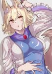  1girl animal_ears blonde_hair breasts collared_dress dress hand_on_own_stomach highres long_sleeves medium_breasts mirufui short_hair tail touhou white_dress yakumo_ran yellow_eyes 