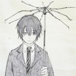  1boy broken_umbrella chinese_commentary closed_mouth collared_shirt commentary_request formal holding holding_umbrella jabuchi_you long_sleeves male_focus necktie sad saibou_shinkyoku shieryue_shiba_ye_qing shirt short_hair solo striped_necktie suit suit_jacket umbrella upper_body water_drop 
