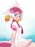  1girl blowhole blue_eyes blush cetacean_tail chinese_white_dolphin_(kemono_friends) choker dolphin_girl dorsal_fin dress frilled_skirt frills hair_tie highres ieinu_account kemono_friends looking_at_viewer multicolored_hair necktie orange_hair pink_hair red_choker red_necktie sailor_collar sailor_dress short_hair short_sleeves short_twintails sitting skirt solo twintails white_dress white_hair 
