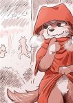  anthro blush breath brown_tail_(artist) canid canine canis clothed clothing clothing_lift crotch_tuft enhibitionism featureless_crotch fur group hi_res hood male mammal mostly_nude navel public red_body red_fur simple_background solo solo_focus standing tail_motion tailwag tuft wolf 