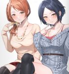  2girls bare_shoulders black_thighhighs blue_hair blush braid breasts brown_hair closed_mouth collarbone commentary_request crossed_legs hayami_kanade hojo_karen idolmaster idolmaster_cinderella_girls jewelry large_breasts long_sleeves medium_hair multiple_girls nail_polish necklace off_shoulder red_nails short_hair shougun_(chuckni1) simple_background sitting smile thighhighs thighs white_background 