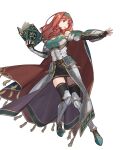  1girl armor armored_boots bangs bare_shoulders belt boots breastplate cape celica_(fire_emblem) dress earrings elbow_gloves fingerless_gloves fire_emblem fire_emblem_echoes:_shadows_of_valentia fire_emblem_heroes full_body gloves gold_trim hairband highres jewelry long_hair non-web_source noy official_art overskirt red_eyes red_hair shiny shiny_hair skirt thighhighs transparent_background zettai_ryouiki 