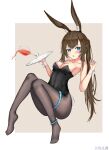  1girl :o absurdres amiya_(arknights) animal_ear_fluff animal_ears anklet arknights artist_name black_leotard black_pantyhose blue_eyes blush border breasts brown_background brown_hair cleavage covered_navel full_body glass hands_up highres holding holding_plate huijin_zhi_ling jewelry leotard long_hair medium_breasts multiple_rings no_shoes open_mouth outside_border pantyhose plate playboy_bunny ponytail rabbit_ears rabbit_girl rabbit_tail ring sidelocks simple_background solo spill strapless strapless_leotard tail thighlet thighs thumb_ring toes white_border white_wrist_cuffs 