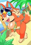  &lt;3 absurd_res animal_crossing anthro audie_(animal_crossing) big_breasts bikini breasts canid canine canis clothing eyewear eyewear_on_head female flower_pattern gesture hi_res looking_at_viewer mammal nintendo onibi palm_tree plant solo sunglasses sunglasses_on_head swimwear tree v_sign video_games wolf 