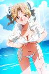  1girl bikini blush breasts brown_eyes brown_hair bun_cover day double_bun dress_shirt dutch_angle feet_out_of_frame hair_bun hayasaka_akira leaning_forward light_rays looking_at_viewer non-web_source official_art open_clothes open_shirt outdoors photoshop_(medium) shirt short_hair short_sleeves smile solo standing super_real_mahjong swimsuit tanaka_ryou wading water wet white_bikini white_shirt 