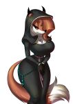  2022 anthro black_body black_fur canid canine chochi cross curvy_figure female fox fur hair headdress hi_res hourglass_figure mammal nun nun_habit nun_outfit red_body red_fox red_fur red_hair red_sclera rosary simple_background smile smirk solo white_background white_body white_fur wimple 