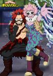  1boy 1girl abs absurdres ashido_mina belt bodysuit boku_no_hero_academia boots breasts effasempai from_behind hand_on_another&#039;s_ass hand_on_another&#039;s_shoulder highres horns kirishima_eijirou large_breasts mask pink_hair red_eyes red_hair short_hair smile teeth tongue vest yellow_eyes 