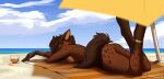  2022 anthro beach breasts brown_body brown_fur brown_hair day detailed_background digital_media_(artwork) eyebrows eyelashes eyes_closed female fur hair hyaenid mammal nude outside sand seaside shoreline sinalanf sky solo water 