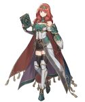  1girl armor armored_boots bangs bare_shoulders belt boots breastplate cape celica_(fire_emblem) dress earrings elbow_gloves fingerless_gloves fire_emblem fire_emblem_echoes:_shadows_of_valentia fire_emblem_heroes full_body gloves gold_trim hairband highres jewelry long_hair looking_at_viewer non-web_source noy official_art overskirt red_eyes red_hair shiny shiny_hair skirt standing thighhighs transparent_background zettai_ryouiki 