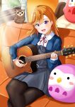  1girl :d acoustic_guitar bangs black_pantyhose blue_jacket collared_shirt commentary couch crossed_legs dress grey_dress guitar highres indoors instrument jacket long_hair looking_at_viewer love_live! love_live!_superstar!! manmaru_(love_live!) momouninego music neck_ribbon orange_hair pantyhose pinafore_dress playing_instrument purple_eyes red_ribbon ribbon school_uniform shibuya_kanon shirt short_dress shrug_(clothing) sitting smile solo stuffed_animal stuffed_bird stuffed_toy sunlight swept_bangs white_shirt winter_uniform yuigaoka_school_uniform 