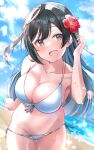  1girl :d beach bikini black_eyes black_hair blurry blurry_background breasts check_commentary cleavage collarbone commentary_request cowboy_shot day flower front-tie_bikini front-tie_top groin hair_flower hair_ornament hand_up hibiscus highres large_breasts leaning_forward long_hair looking_at_viewer love_live! love_live!_nijigasaki_high_school_idol_club one_side_up red_flower shiitake_taishi side-tie_bikini smile solo split_mouth sunlight swimsuit thigh_gap wet white_bikini yuuki_setsuna_(love_live!) 