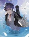  1boy balloon bandaged_hand bandages bangs black_jacket dated green_eyes highres jacket kenmochi_touya long_sleeves looking_at_viewer male_focus necktie nijisanji poscorn617 purple_hair red_necktie shirt solo sweater_vest virtual_youtuber water wet 