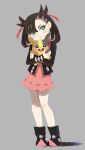  1girl absurdres asymmetrical_bangs bangs black_hair black_jacket boots closed_mouth dress ear_piercing full_body grey_background hair_ribbon highres holding holding_pokemon hyogonosuke jacket long_hair long_sleeves looking_at_viewer marnie_(pokemon) morpeko morpeko_(full) piercing pink_dress pokemon pokemon_(creature) pokemon_(game) pokemon_swsh red_ribbon ribbon simple_background standing twintails 