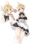  1boy 1other absurdres alternate_costume apron aqua_eyes bangs black_dress blonde_hair blush crossdressing dress food frilled_apron frilled_dress frills hair_between_eyes hand_on_another&#039;s_chin headphones highres kagamine_len looking_at_viewer male_focus mouth_hold multiple_views necktie open_mouth otoko_no_ko pocky simple_background sweat vocaloid waist_apron white_apron wumumu yellow_necktie 