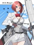  1girl aircraft airplane ark_royal_(kancolle) arrow_(projectile) bangs blue_eyes blunt_bangs bob_cut bow_(weapon) character_name cleavage_cutout clothing_cutout compound_bow corset fingerless_gloves flight_deck gloves hairband highres holding inverted_bob kantai_collection long_sleeves one-hour_drawing_challenge overskirt pantyhose quiver red_hair red_ribbon ribbon short_hair shorts solo tiara weapon white_corset white_shorts yano_tanimachi 