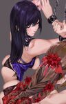  2girls aerith_gainsborough arms_up ass back bare_shoulders black_panties blush breasts brown_hair chained_wrists closed_eyes dress drill_hair final_fantasy final_fantasy_vii final_fantasy_vii_remake flower grey_background hair_flower hair_ornament highres long_hair multiple_girls panties purple_dress purple_hair simple_background tifa_lockhart underwear yamaishi_(mukoubuti) 