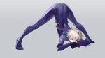  1boy bangs bodysuit full_body grey_background grey_hair hair_between_eyes highres jack-o&#039;_challenge looking_at_viewer male_focus nagisa_kaworu neon_genesis_evangelion plugsuit red_eyes signature simple_background solo top-down_bottom-up wide_spread_legs wumumu 