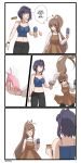  2girls :d anyacchi blue_hair blue_tank_top breasts brown_hair closed_eyes english_commentary english_text food highres holding_ice_cream hololive hololive_english ice_cream long_hair midriff multiple_girls nanashi_mumei o_o open_mouth ouro_kronii ponytail smile tank_top virtual_youtuber 