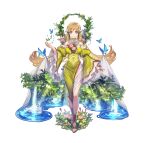 1girl absurdres animal bangs bird blonde_hair blue_eyes breasts bug butterfly closed_mouth commentary_request dress fire_emblem fire_emblem_heroes flower full_body grass green_dress hair_ornament highres long_hair looking_at_viewer medium_breasts nijihayashi official_art puffy_sleeves shiny shiny_hair simple_background smile solo standing toeless_footwear toes turtleneck water water_drop white_background wide_sleeves ymir_(fire_emblem_heroes) 