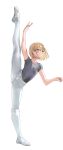  1boy absurdres arm_up ballet ballet_slippers bangs blonde_hair bulge closed_mouth full_body grey_shirt hair_between_eyes highres leg_lift leg_up male_focus original otoko_no_ko purple_eyes shirt short_sleeves simple_background solo standing standing_on_one_leg white_background wumumu 