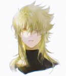  1boy alannoran black_shirt blonde_hair hair_over_one_eye highres kraken_isaac long_hair looking_at_viewer male_focus one-eyed orange_eyes parted_lips portrait red_eyes saint_seiya scar scar_across_eye shirt sidelocks simple_background solo spiked_hair turtleneck white_background 