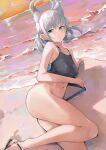  1girl ahoge animal_ear_fluff animal_ears ass bare_arms bare_legs beach blue_archive blue_eyes blush breasts bright_pupils clothes_pull competition_swimsuit cross_hair_ornament dema_hmw dutch_angle evening extra_ears feet_out_of_frame grey_hair hair_ornament halo highres legs looking_at_viewer lying medium_breasts medium_hair mismatched_pupils navel ocean on_floor on_side one-piece_swimsuit parted_lips ponytail pulled_by_self revision shiroko_(blue_archive) shiroko_(swimsuit)_(blue_archive) sky solo swimsuit swimsuit_pull thighs two-tone_swimsuit water white_pupils 