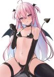  1girl :d absurdres ahoge arm_support asymmetrical_legwear bangs bat_wings bikini black_bikini black_gloves black_thighhighs black_wings blush breasts cleavage closed_mouth collar demon_girl demon_tail elbow_gloves girl_on_top gloves head_wings heart heart_ahoge highres long_hair looking_at_viewer mismatched_legwear multiple_wings navel okiq original pink_eyes pink_hair simple_background sitting small_breasts smile solo_focus sweat swimsuit tail thigh_strap thighhighs tongue tongue_out two_side_up white_background wings 