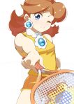  1girl 34_(sanjushi) blue_eyes breasts brown_hair closed_mouth earrings flower_earrings highres jewelry long_hair looking_at_viewer mario_(series) mario_tennis one_eye_closed princess_daisy racket shorts simple_background smile solo tennis_racket white_background 