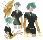  2others absurdres androgynous antarcticite antarcticite_(gemstone) aqua_eyes aqua_hair arrow_(projectile) bangs belt black_shirt black_shorts blocking collared_shirt cowboy_shot crack cracked_skin crying crystal_hair ears_visible_through_hair expressionless flower gem gem_uniform_(houseki_no_kuni) glowing glowing_hair gold golden_arms green_eyes green_hair hdyjeon highres holding holding_gem houseki_no_kuni long_arms looking_at_viewer looking_up melting multiple_others multiple_views narrow_waist necktie other_focus out_of_frame parted_bangs phosphophyllite puffy_short_sleeves puffy_sleeves shield shirt short_hair short_shorts short_sleeves shorts simple_background smile smug solo_focus spoilers thigh_gap thighs translucent_hair white_background white_belt white_shirt wide_hips 