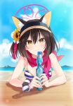  0ukoyk 1girl animal_ears beach black_hair blue_archive blush breasts collarbone commentary_request fox_ears hair_ornament halo highres izuna_(blue_archive) looking_at_viewer medium_breasts portrait ramune sand scarf sky smile solo swimsuit visor_cap yellow_eyes 